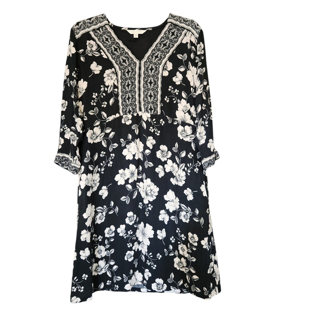 Garnet Hill Floral V-Neck Viscose Tunic Dress Small Boho Black Cream Fall